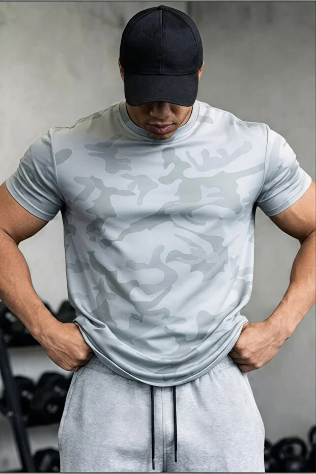 Erkek Nem Emici Hızlı Kuruma Atletik Teknik Kamuflaj Desenli Spor T-shirt
